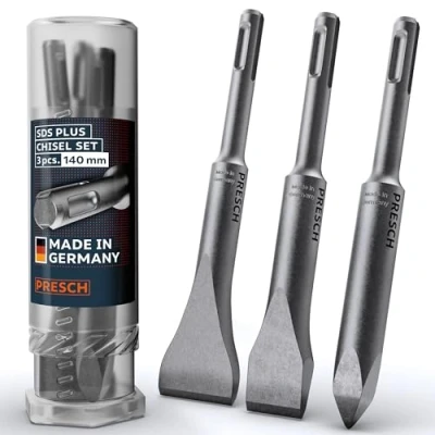 Image of Presch SDS Plus Chisel Set 3 Piece Complete of Flat Chisel, Wide &amp; Point Extremely Robust, Durable Tips Rotary Hammer chisels (140mm Length) for Powerful Strikes