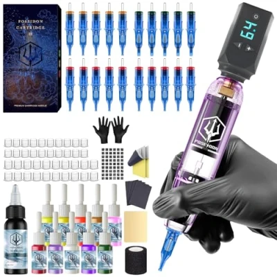 Image of POSEIDON Wireless Rotary Tattoo Machine Kit with 20 Cartridge Needles &amp; Ink Set Professional Portable Gun for Beginners Complete Starter Supplies (TK039)