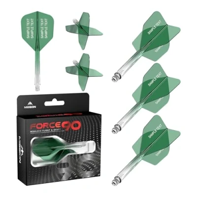 Image of Mission Darts Force 90 Personalised Integrated Precision Moulded Dart Flight And Shaft System, Highly Durable Combined Flights Stems Standard No.6. (Transparent Green, Tweenie)