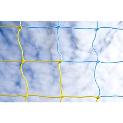 Image of 24ft x 8ft Full Size Striped Football Goal Net (3mm) (PAIR) Choice of 11 Combinations To Match Your Team’s Colours [Net World Sports] (Blue/Yellow)