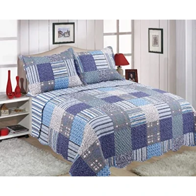 Image of bentley priory Patchwork Bedspreads Quilted King Size Double Single Bedspread Blue and White bed Throw with stripes checks or Maroon coverlet flower (Blue Check, Single)