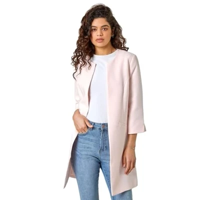 Image of Roman Originals Textured Longline Jacket for Women UK Ladies Reefer Coat Lined Tailored Lightweight Long Autumn Winter Smart Casual Office Work Business Evening Going Out Pink Size 12