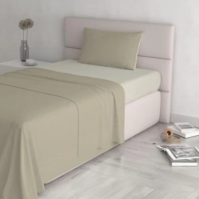 Image of Italian Bed Linen Natural Color Set (Flat 150x300, Fitted Sheet 90x200cm+Pillowcase 52x82cm), Petrol Bottle Green, 100% Cotton, Dove Gray/Cream, SINGLE
