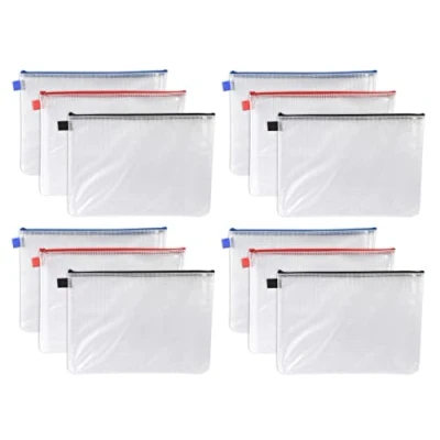 Image of 12 x Heavy Duty Extra Strong A4+ Foolscap Tuff Bags 500 Micron Waterproof Document Storage Tough Mesh Zip File Wallets Folders