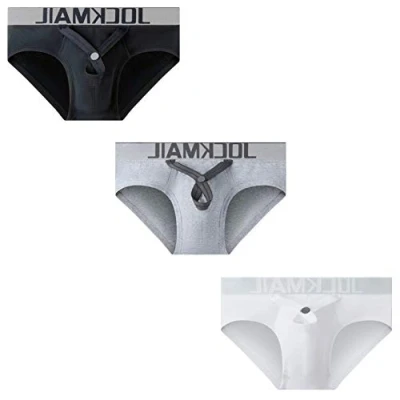 Image of JOCKMAIL 3PCS/Pack Men Briefs Cotton Mens Underwear with Jock Belt Bullets Separated Ring (L, Black+Grey+White)
