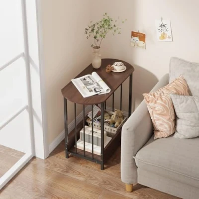 Image of Rainbow Tree 2 Tier Narrow Side Table Brown for Living Room，Sofa End Tables with Storage Slim Coffee Small Space Bedside (Brown)