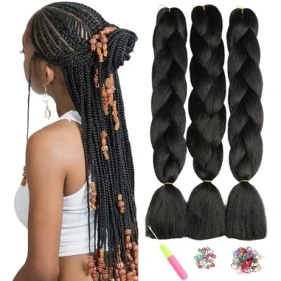 Image of ShowJarlly Box Braid Hair Extensions, Natural Black 24inch Ombre Jumbo Hair, 3Packs Synthetic Braiding Extension Afro Extensions for Crochet Twist Braids 1B#