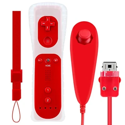 Image of OSTENT Motion Sensor Remote Controller + Wired Nunchuck Combo Compatible for Nintendo Wii Console Color Red