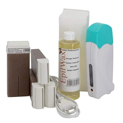 Image of EpilWax Complete Hair Removal Waxing Kit with 4 Chocolate Wax Roll On Cartridges, Heater, 100 Strips and Oil