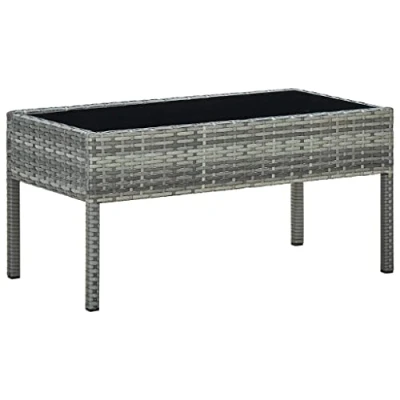 Image of vidaXL Garden Table Grey 75x40x37 cm Poly Rattan Outdoor Patio Side with Glass Top Modern Rectangular Design Easy to Clean Versatile Use for Garden, Patio, Deck Assembly Required