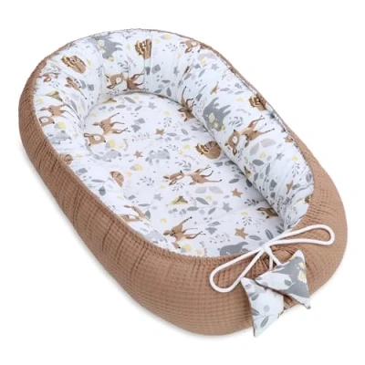 Image of babynest newborn baby bumper 90x50 cm cocoon Handmade two sided Cotton Waffle with Deer Brown