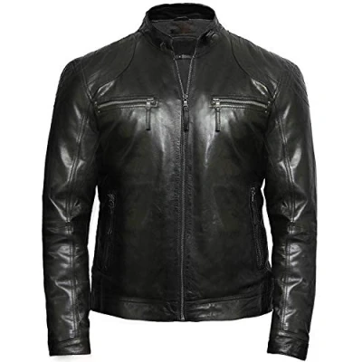 Image of BRANDSLOCK Mens Genuine Leather Biker Jacket Vintage Crinkle Retro (S, Black)