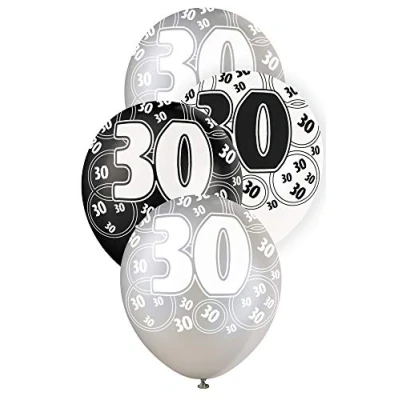 Image of Unique Party 80894 12&quot; Latex Glitz Black and Silver 30th Birthday Balloons, Pack of 6