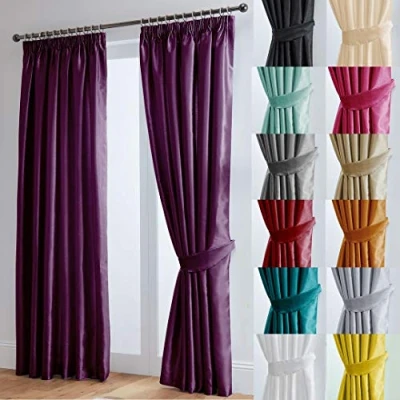 Image of John Aird Luxury Faux Silk Fully Lined Pencil Pleat Curtains With Matching Tie Backs (Aubergine, 117cm Width x 183cm Drop (46&quot;x 72&quot;)