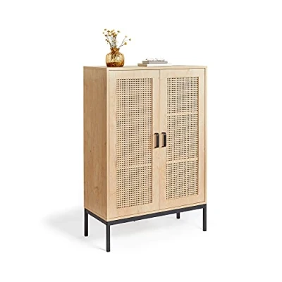 Image of VonHaus Rattan Sideboard Tall Storage Cabinet for Living Room Wicker 2 Door Cupboard Light Wood Effect Unit w/ 3 Shelves Industrial Scandi Style Furniture Lounge &amp; Hallway Lena