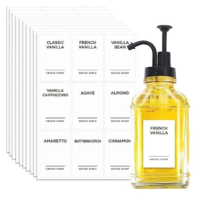 Image of cdxhome 84 Coffee Syrup Labels For Caramel,Vanilla,Chocolate,Waterproof Stickers Bottle &amp; Dispenser,Coffee Bar Accessories Organization(White)