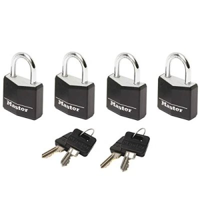 Image of MASTER LOCK Small Padlocks [Key] [Keyed Alike] [Black] [Family Pack of 4] 9120EURQBLKNOP Best Used for Backpacks, Luggage, Computer Bags, Locker, Gym and More