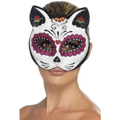 Image of Smiffys Sugar Skull Cat Glitter Eyemask, White , Eyemasks Fancy Dress, Adult Dress Up Eye masks