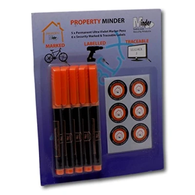 Image of Minder Property Marking Pens Including 5 x Invisible UV Ink Covert Marker and Warning Stickers