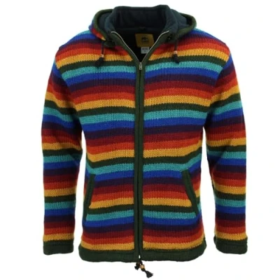 Image of LOUDelephant Hand Knitted Wool Hooded Jacket Cardigan Stripe Dark Rainbow (Medium)