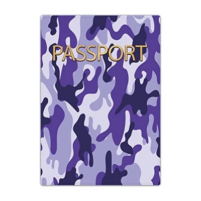 Image of Passport Holder Cover, PU Leather Travel Wallet Case Organiser for Passport, Business Cards, Credit Boarding Passes (Purple Camouflage)