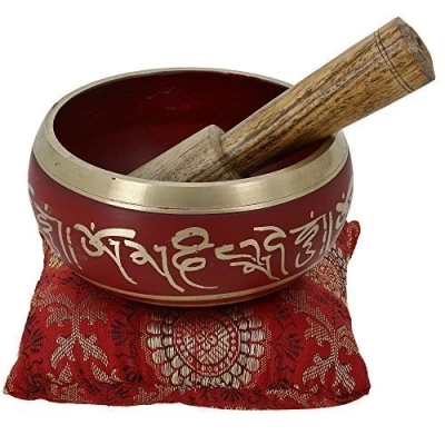 Image of Ajuny Tibetan Singing Bowl Set Handcrafted Meditation Brass Sound with Stick and Cushion for Yoga, Chakra Healing, Mindfulness Stress Relief Spiritual Gifts Red