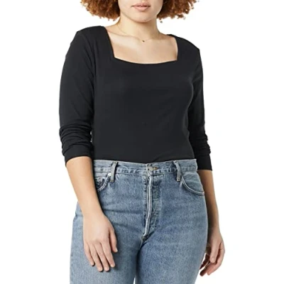 Image of Amazon Essentials Women&#039;s Slim Fit Long Sleeved Square Neck T Shirt, Black, XS