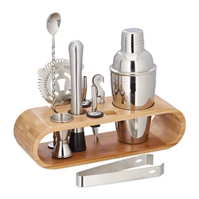 Image of Relaxdays 10025948 9 Piece Cocktail, Pro Bartender Set with Stand, Shaker, Jigger, Spout, Tongs, Stainless Steel, Natural