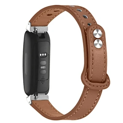 Image of Watch Band for Fitbit Inspire 2 Brown Genuine Leather Strap with Metal Button
