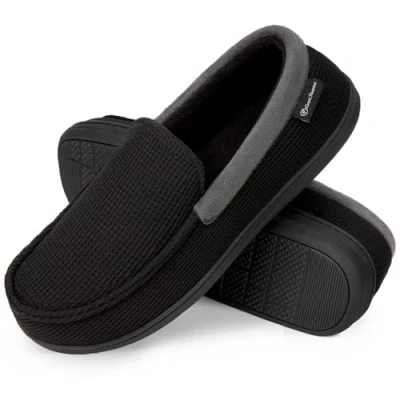 Image of EverFoams Men&#039;s Comfort Memory Foam Moccasin Slippers Breathable Terry Cloth House Shoes with Anti Skid Rubber Sole Dark Black 11 UK