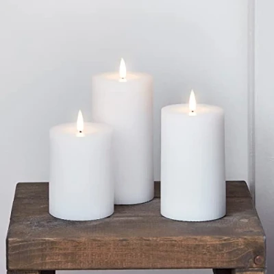 Image of Lights4fun Set of 3 TruGlow® Ribbed Wax Battery LED Flameless Pillar Candles Real White with Remote Control