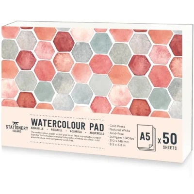Image of STATIONERY ISLAND Watercolour Paper A5 Pad, 50 Sheets Natural White 300gsm Glue Bound, Cold Pressed Texture, Sketchbook for Painting, Drawing and Mixed Media