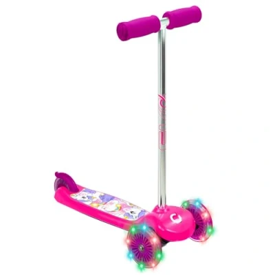 Image of EVO Light up Move &#039;N&#039; Groove Childrens Scooter 3 Wheeled Tri Tilt To Turn Toddler With Wheels Kids Push Aged 2 5 (Light Wheels, Pink &amp; Purple Unicorn Print)
