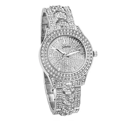 Image of JewelryWe Men Women Watches Silver Tone Alloy Quartz Watch Stylish Rhinestone Business Casual Dress Wristwatches for Fathers Day