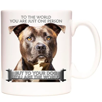 Image of Brindle Staffordshire Bull Terrier Dog Ceramic Gift Mug, Staffy to Your You are The World. 11oz Mug for Fans