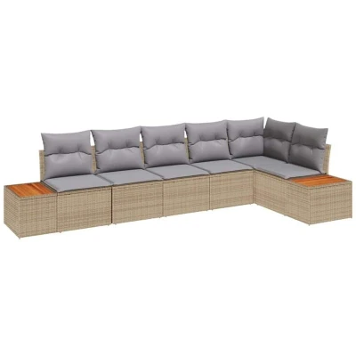 Image of vidaXL 6 Piece Garden Sofa Set with Cushions Beige Poly Rattan Acacia