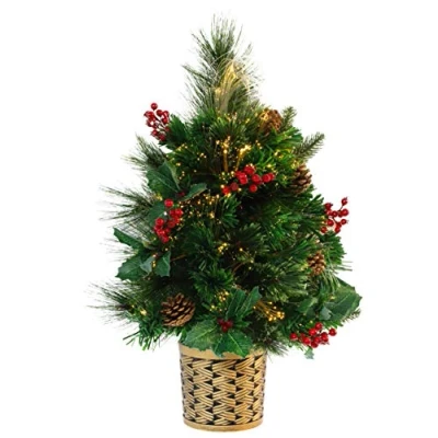 Image of Christmas Concepts® 2ft (60cm) Green Fibre Optic Pine Wall Mounted Tree With Cones And Red Berries