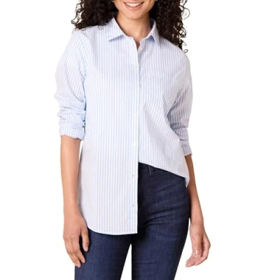 Image of Amazon Essentials Women&#039;s Classic Fit Long Sleeved Button Down Poplin Shirt, French Blue White Stripes, XXL