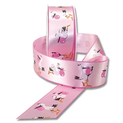 Image of Präsent Adebar Printed Satin Ribbon Pink 40 mm Width, 20 m Length