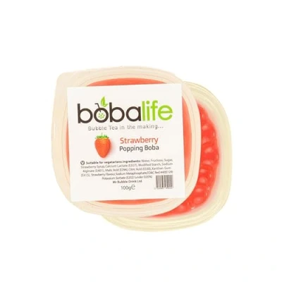 Image of Bobalife Strawberry Flavoured Popping Boba 2 Servings (100g), Fruit Juice Filled Pearls for Bubble Tea, Iced Drinks, Desserts, Cocktails &amp; Slush Low Fat, Gluten Free Vegan