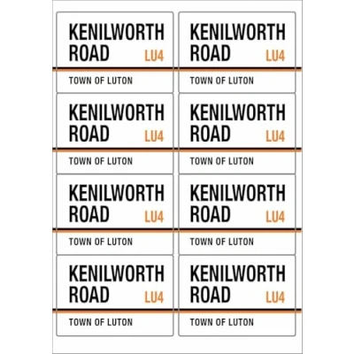 Image of Kenilworth Road LU4 Town of Luton Sign Rectangular Matt Paper Stickers A4 Sheet 8 (Each Sticker is 99mm x 68mm)
