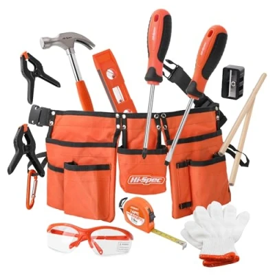 Image of Hi Spec 16pc Orange Kids Tool Kit Set &amp; Child Size Belt. Real Metal Hand Tools for DIY Building, Woodwork Construction Learning Kids. Gift Boys and Girls