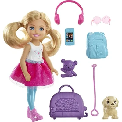 Image of Barbie Dreamhouse Adventures Doll, Blonde Chelsea Doll with Pink Skirt, Toy Puppy, Backpack, Travel Set and Accessories, Toys for Ages 3 Up, One FWV20