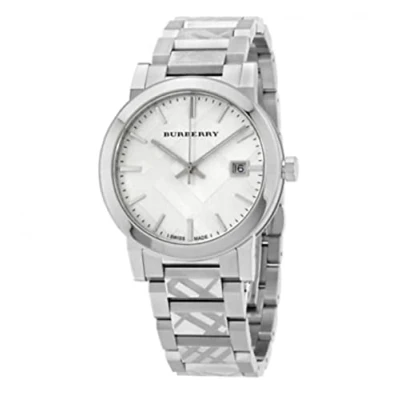 Image of Swiss Rare Engraved Silver Date Dial 38mm Unisex Men Women Stainless Steel Wrist Watch The City BU9037, [Checkengraved Strap]+[Silver Dial], Prorsum London Brit trench Endurance