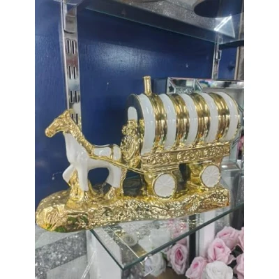 Image of Biznest Horse With Round Wagon Gypsy Crushed Diamond Carriage Ornament Shelf Sitter Caravan Home Decor (White &amp; Gold)