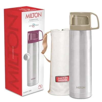 Image of Milton Vacuum Flask for Hot Drink 1 Litre (34 oz), Stainless Steel Double Walled Insulated Water Bottle 24 Hour and Cold Drinks, Leak Proof, BPA Free, Thermosteel Glassy 1000 ml, Grey