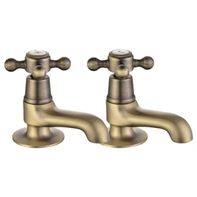 Image of Basin Pillar Taps Pair Antique Brushed Bronze Twin Bathroom Sink Mixer Cross Lever Faucets 2pcs Victorian Traditional Classic Peppermint