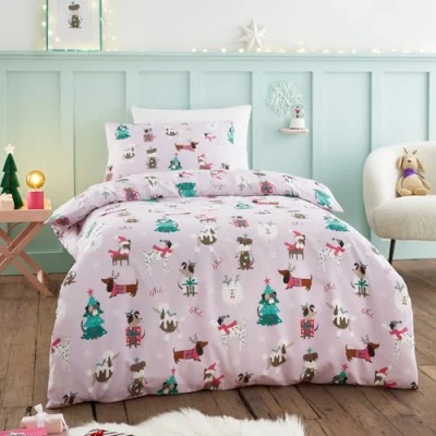 Image of Happy Linen Company Girls Boys Kids Santa Paws Christmas Dogs Lilac Toddler Cot Bed Reversible Soft Easy Care Duvet Cover Quilt Bedding Set With Pillow Case