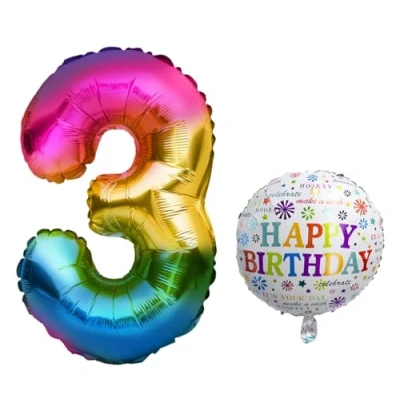 Image of Balloon 3rd Birthday XXL Giant Foil Set 101 cm + 45 5 m Decorative Ribbon 3 Suitable for Helium Reusable Decoration Boys Girls Number