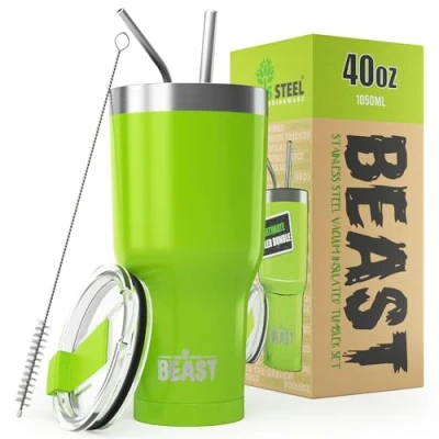 Image of Beast Tumbler 1050 ml (40 oz), Green Reusable Stainless Steel, Vacuum Insulated Cup with + 2 Straws &amp; Cleaning Brush Double Wall Travel Flask Perfect for Hot or Iced Coffee BPA Free